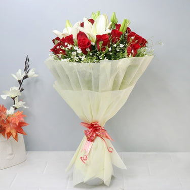 Red Roses & White Asiatic Lilies Bouquet